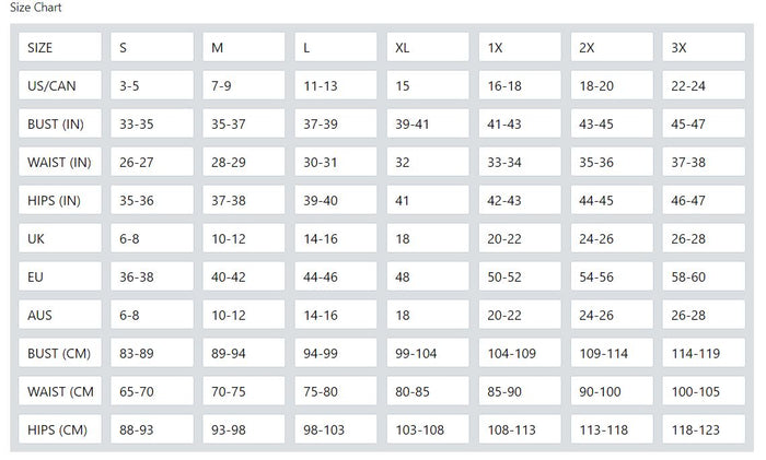 Size Chart – XQUISIT Empressions